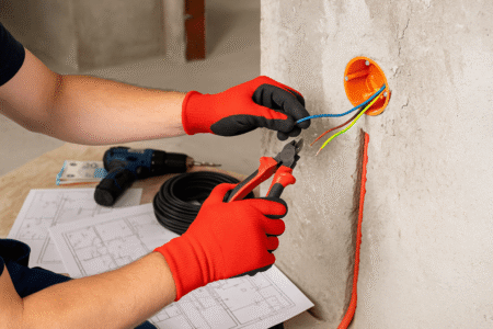 Ein Elektriker mit roten Arbeitshandschuhen installiert eine Unterputzdose in einer Betonwand und verbindet farbige Stromkabel mit einer Zange. Im Hintergrund liegen Baupläne, eine Kabelrolle und ein Akkuschrauber auf einer Holzplatte.