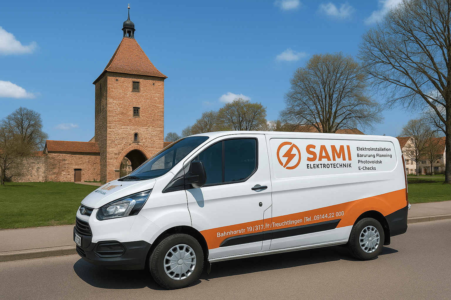Elektro Sami Servicefahrzeug vor dem Ellinger Tor in Weißenburg – moderner Elektromeisterbetrieb für Photovoltaik, Wallbox und Elektroinstallation.