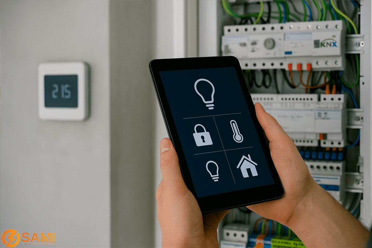 Smart Home KNX Steuerung. Bedienung von Licht, Heizung und Sicherheit, mit KNX-Verteilung im Hintergrund. Elektro Sami Treuchtlingen bis Ingolstadt