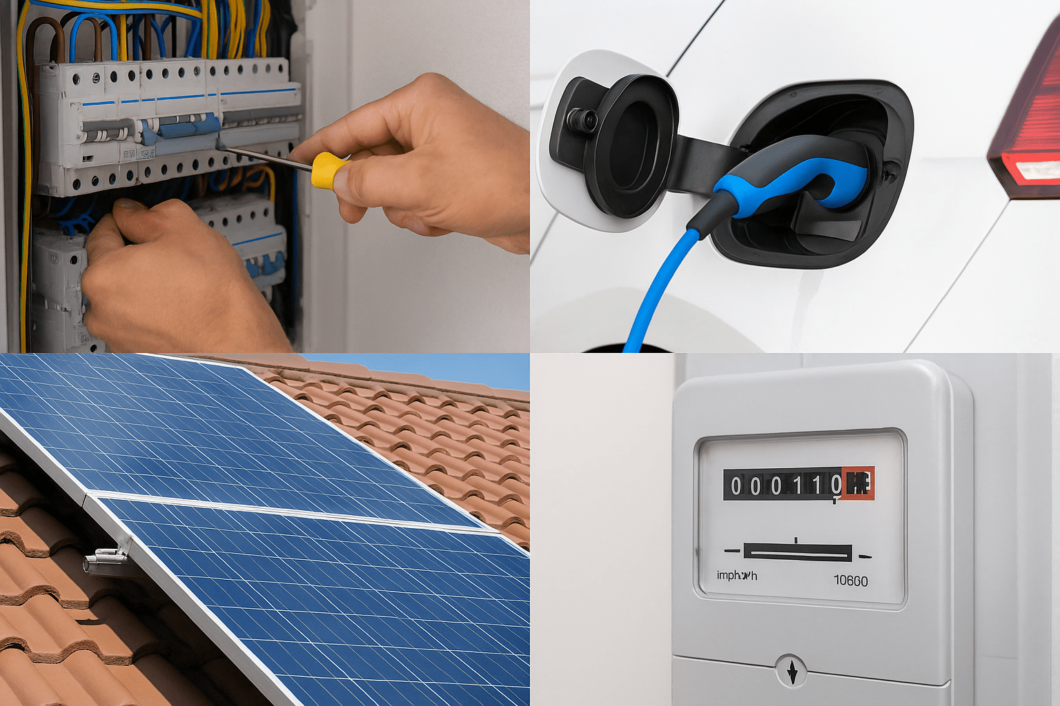 Elektroinstallation, Wallbox-Ladung und Photovoltaik-Anlage auf einem Dach – moderne Energietechnik in Bayern