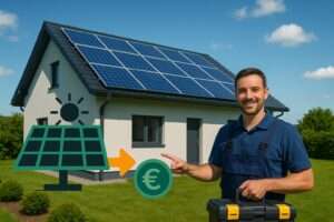 Elektriker in Treuchtlingen vor Einfamilienhaus mit Photovoltaikanlage zur Überschusseinspeisung