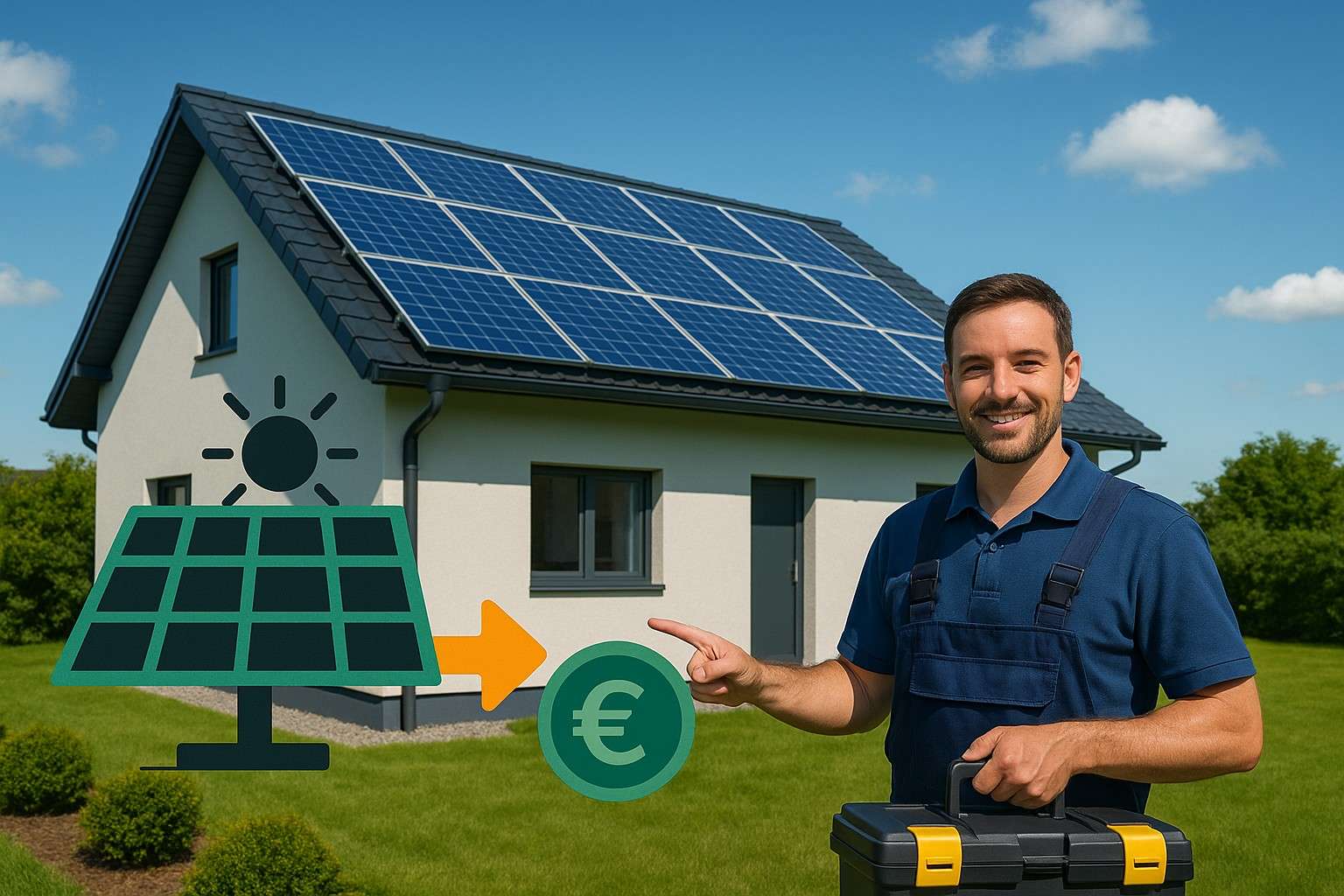 Elektriker in Treuchtlingen vor Einfamilienhaus mit Photovoltaikanlage zur Überschusseinspeisung