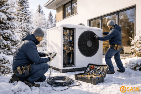 Installation einer Wärmepumpe durch Elektriker von Elektro Sami im Winter